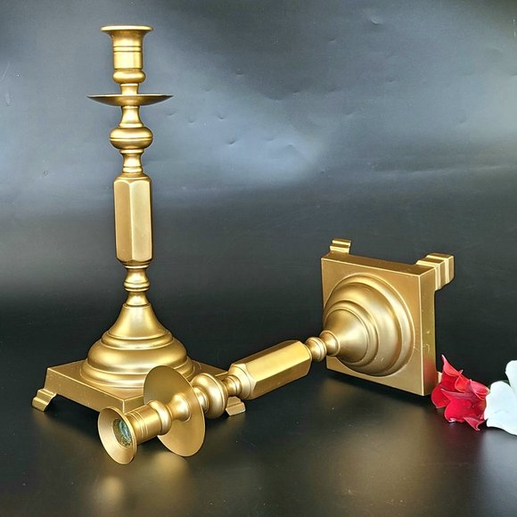 Vintage Candlestick Holders - 13 1/4" Tall * 4.5"*4.5" Base - Solid Brass - Pair - Picture 10 of 10